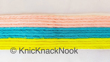 Pink, Blue And Yellow Thread Stripes Trim, Cotton Embroidered Trim